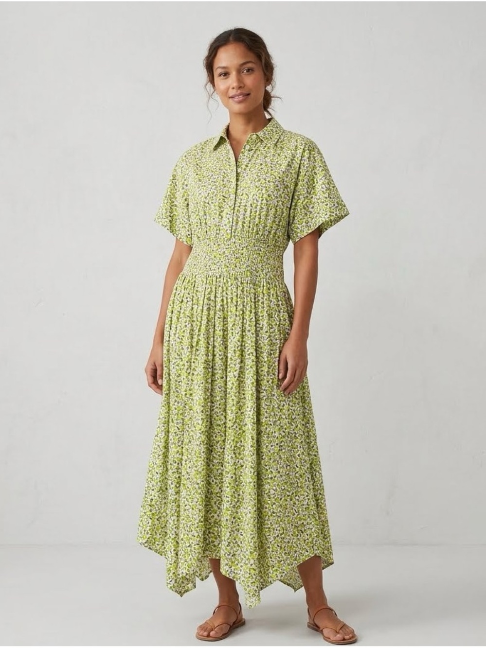 J.Crew Liberty London Eliza’s Yellow Fitted Waist Midi Shirtdress Floral 10